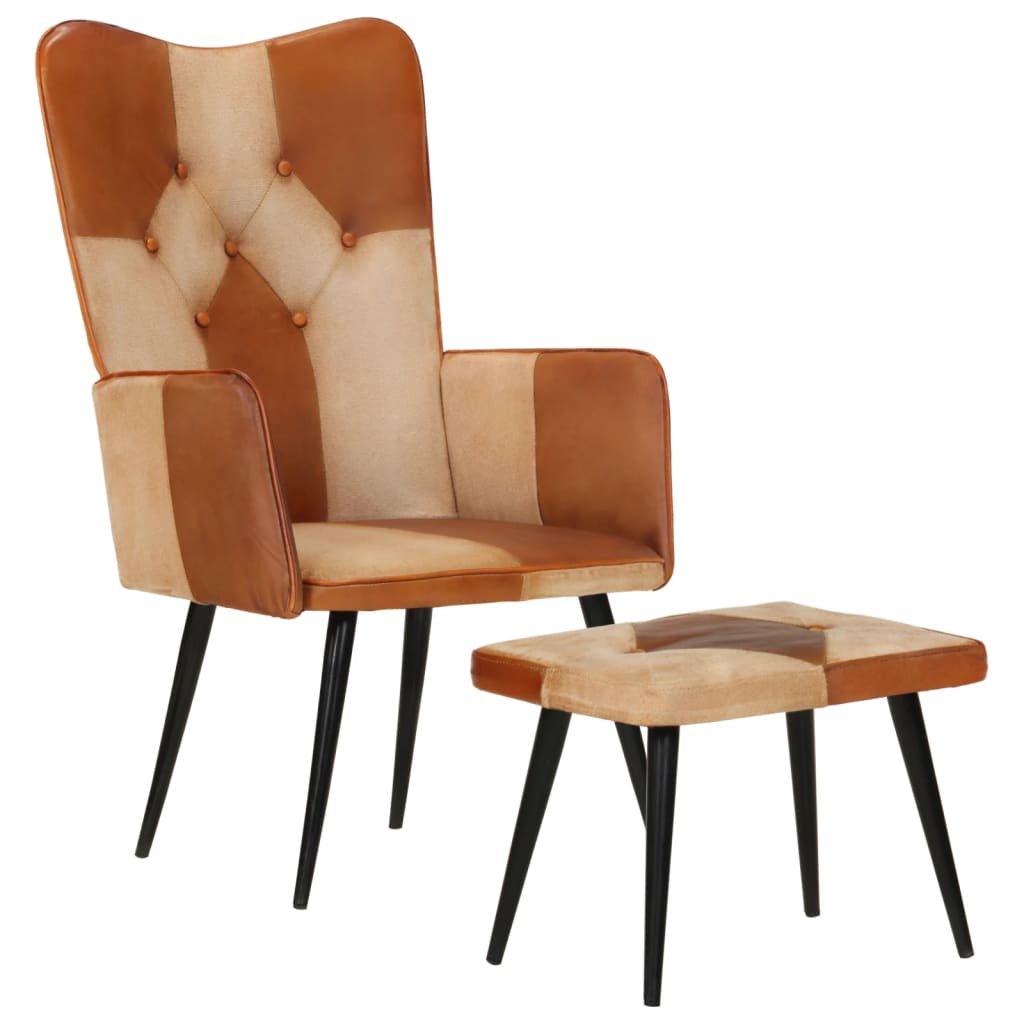 vidaXL lænestol med fodskammel ægte læder og kanvas brun
