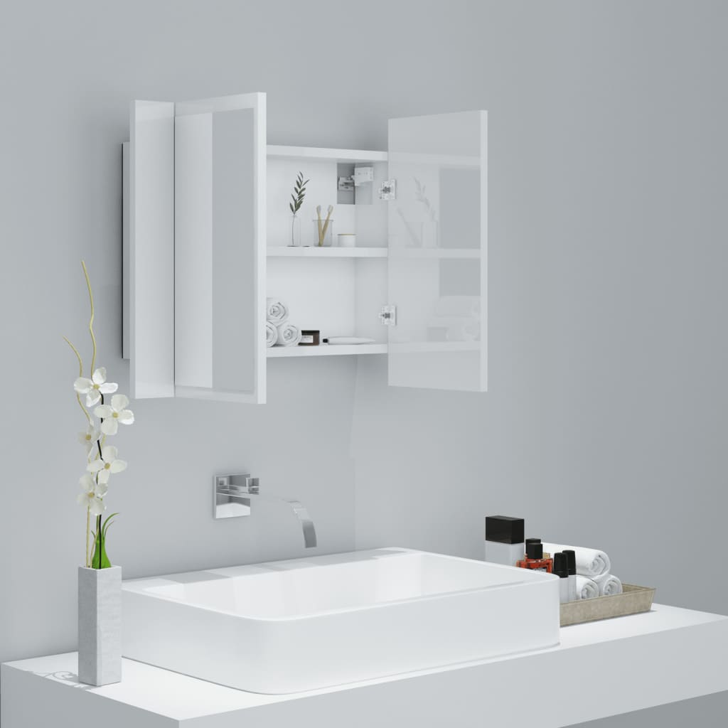 vidaXL badeværelsesskab m. spejl+LED-lys 60x12x45 akryl hvid højglans