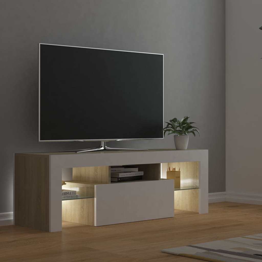 vidaXL tv-bord med LED-lys 120x35x40 cm hvid og sonoma-eg