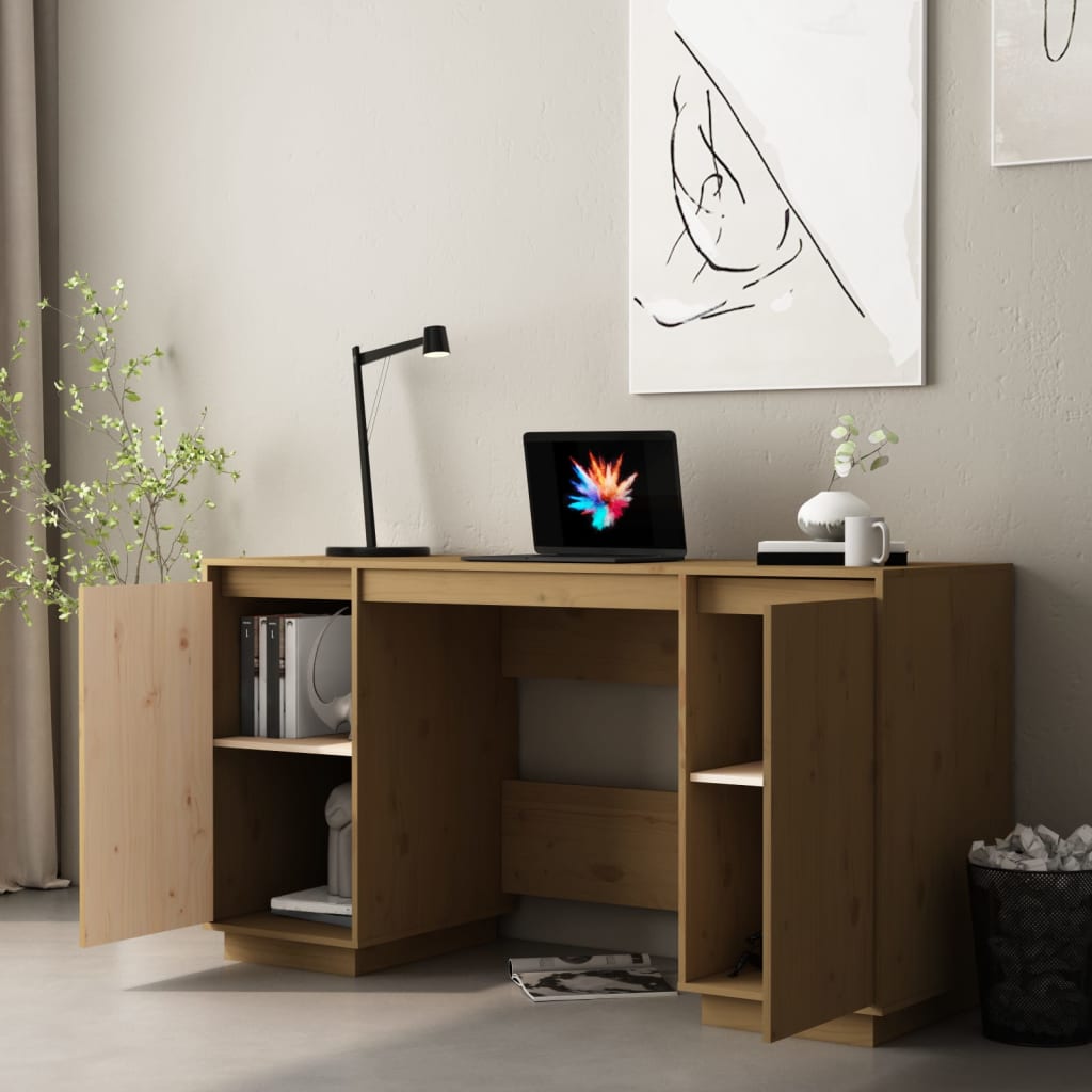 vidaXL skrivebord 140x50x75 cm massivt fyrretræ gyldenbrun