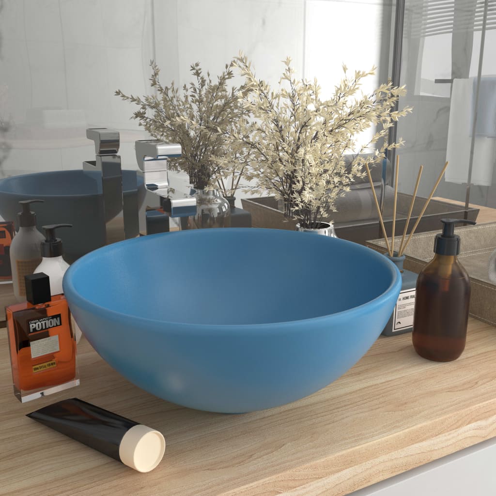 vidaXL luksuriøs håndvask 32,5x14 cm rund keramisk mat lyseblå