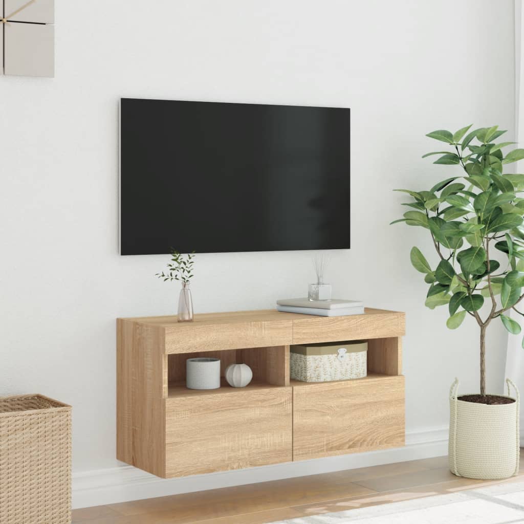 vidaXL væghængt tv-bord med LED-lys 80x30x40 cm sonoma-eg