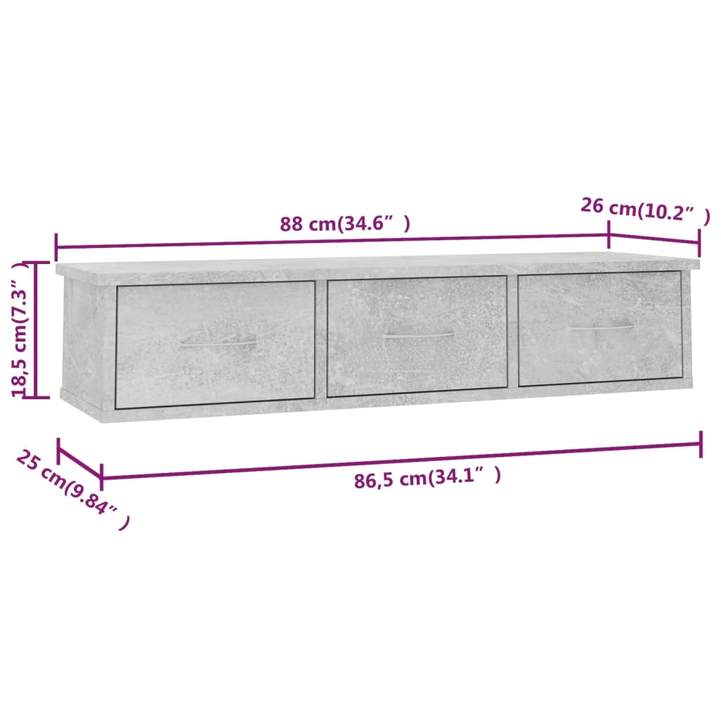 vidaXL vægskab med skuffer 88 x 26 x 18,5 cm spånplade betongrå