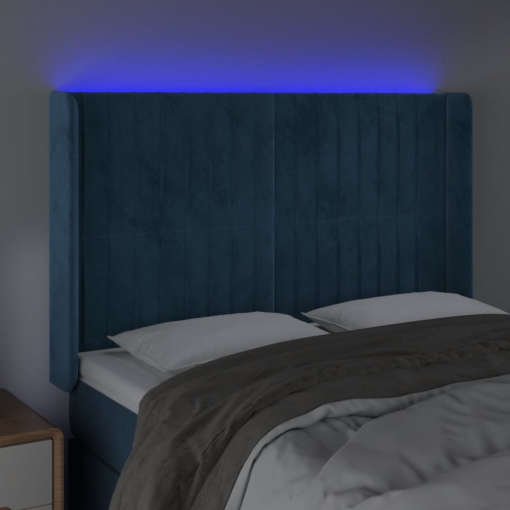 vidaXL sengegavl med LED-lys 147x16x118/128 cm fløjl mørkeblå