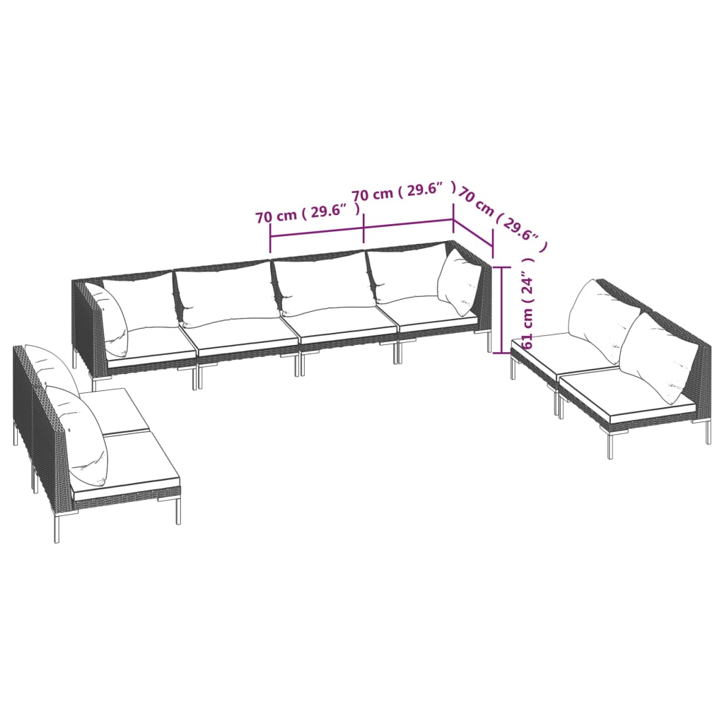 vidaXL loungesæt til haven 8 dele med hynder polyrattan mørkegrå