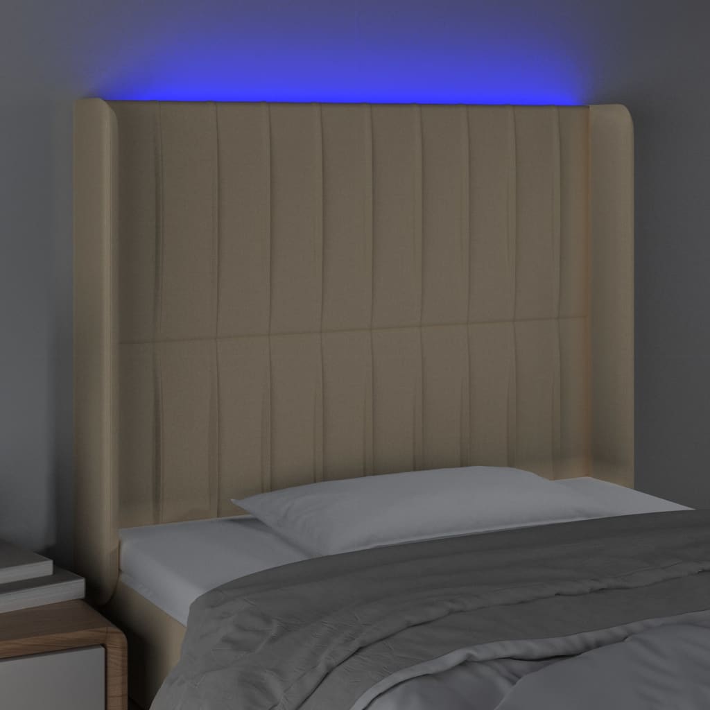 vidaXL sengegavl med LED-lys 103x16x118/128 cm stof cremefarvet