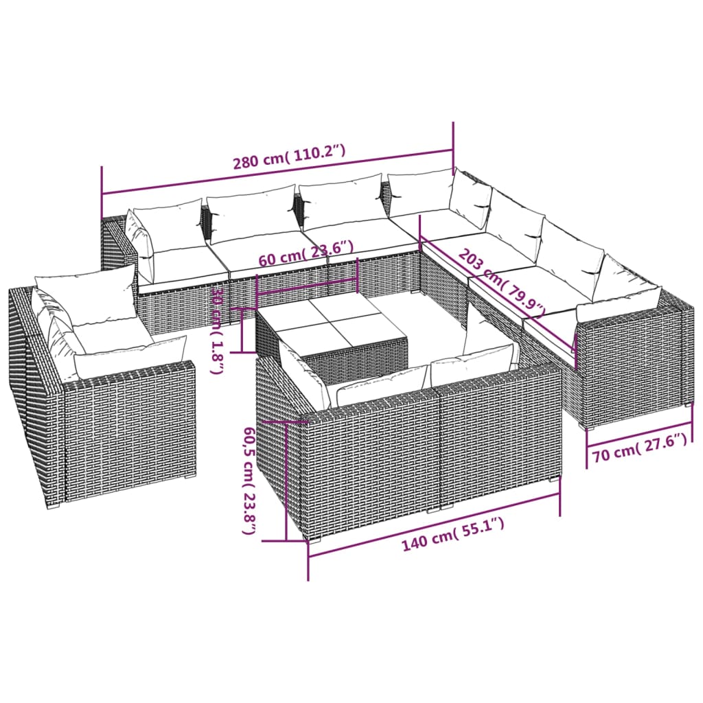 vidaXL loungesæt til haven 12 dele med hynder polyrattan grå