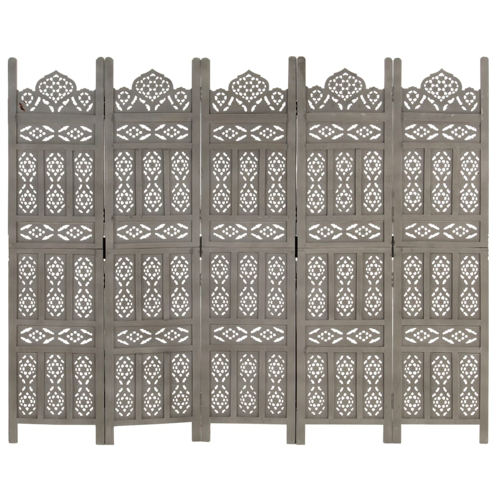 vidaXL 5-panels rumdeler håndskåret 200 x 165 cm massivt mangotræ grå