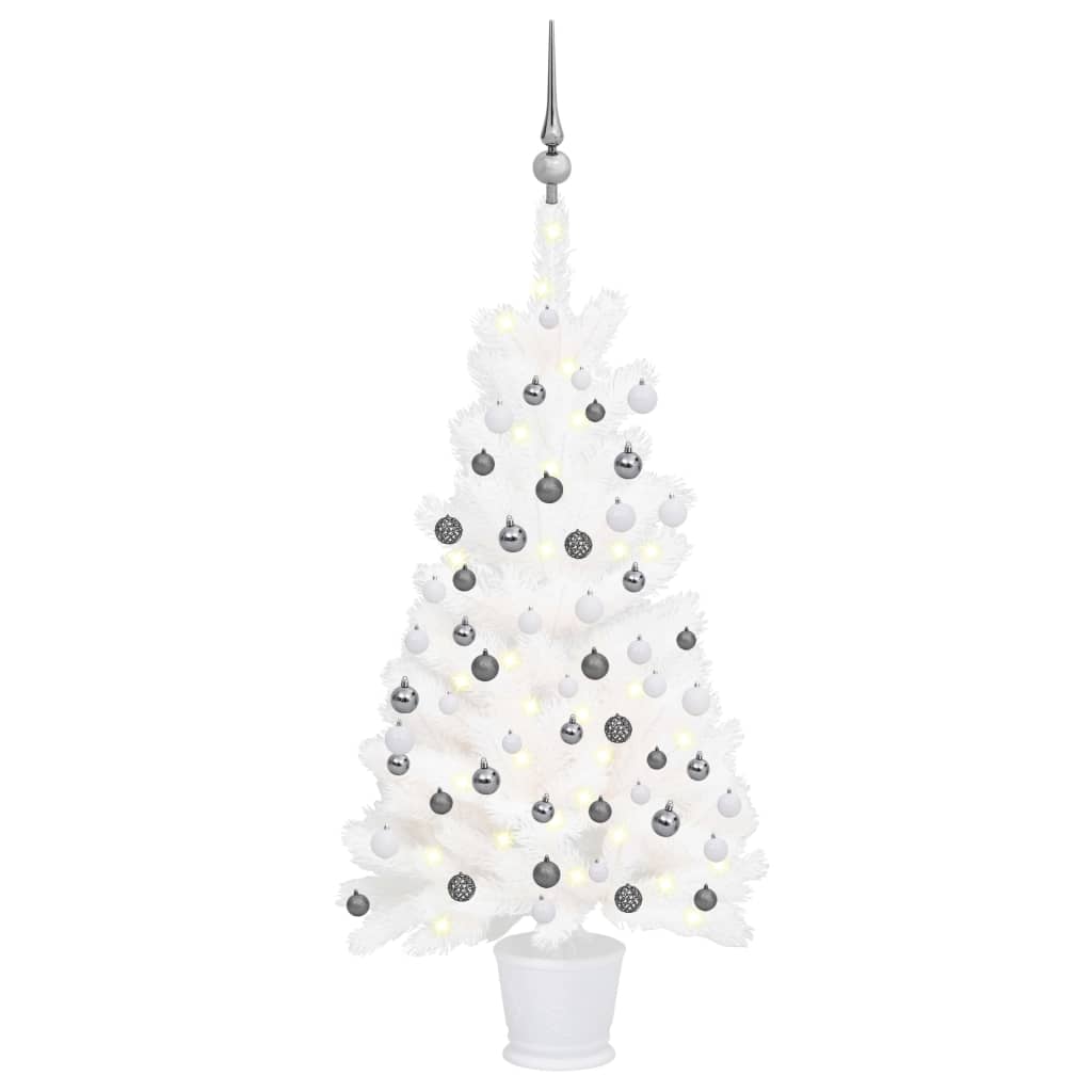 vidaXL kunstigt juletræ med lys og kuglesæt 90 cm hvid