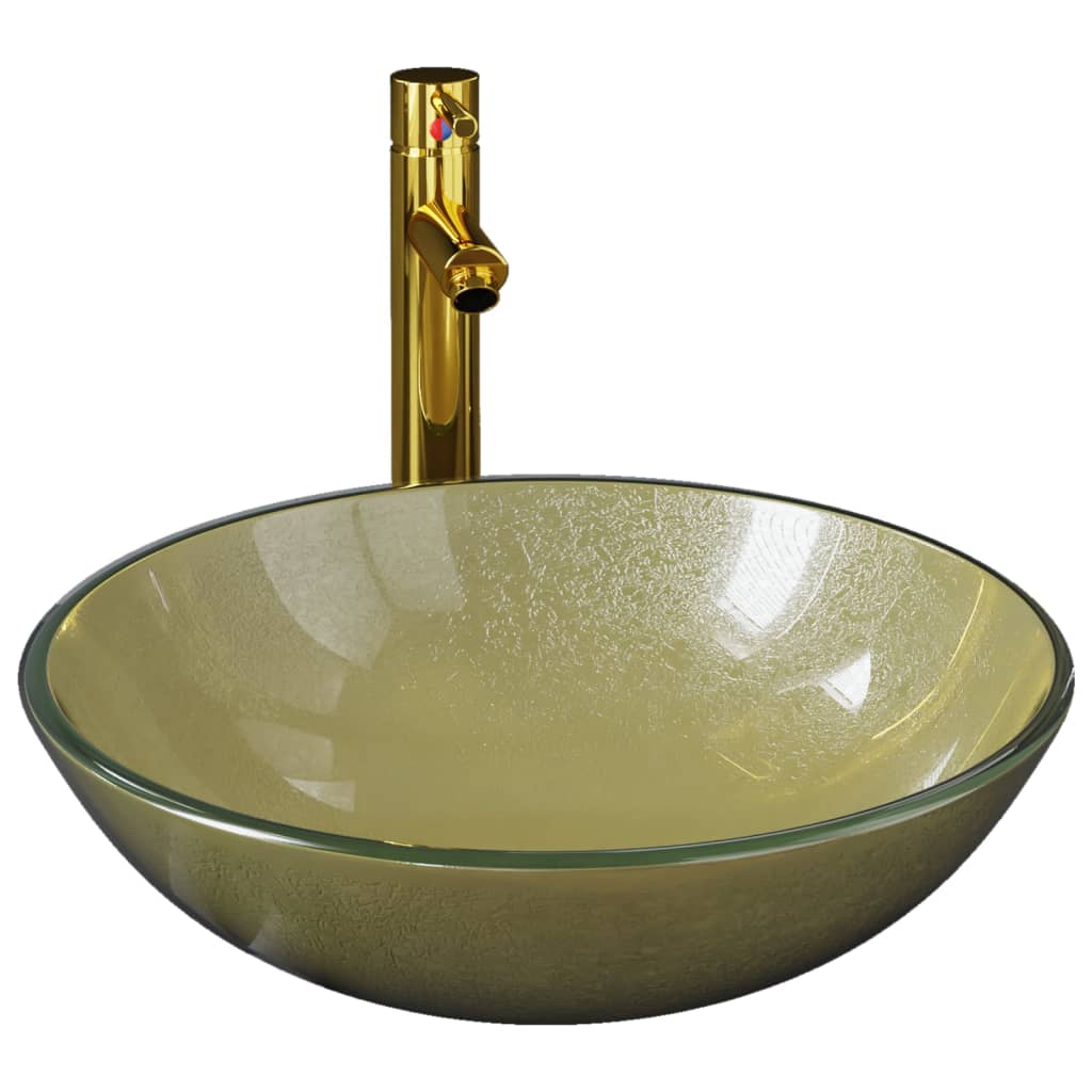 vidaXL håndvask til badeværelse m. hane og bundventil hærdet glas guld
