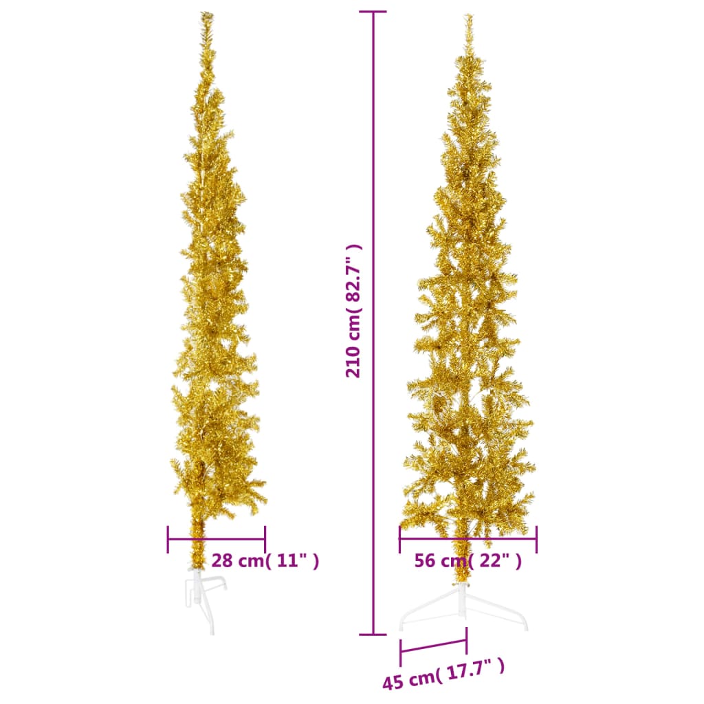 vidaXL kunstigt halvt juletræ med juletræsfod 210 cm smalt guldfarvet