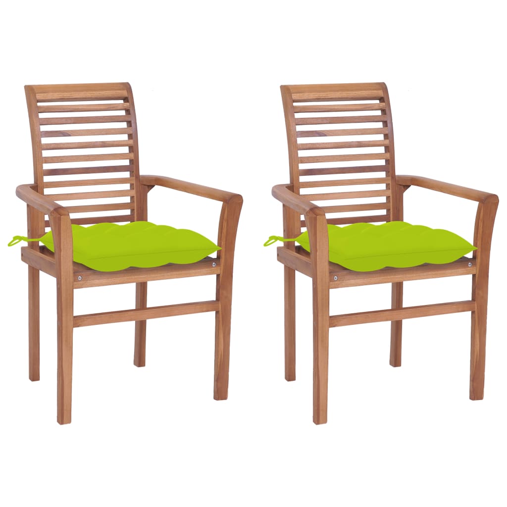 vidaXL spisebordsstole 2 stk. med lysegrønne hynder massivt teaktræ