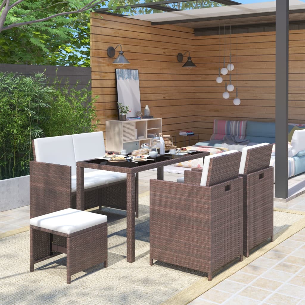 vidaXL udendørs spisebordssæt 6 dele med hynde polyrattan brun
