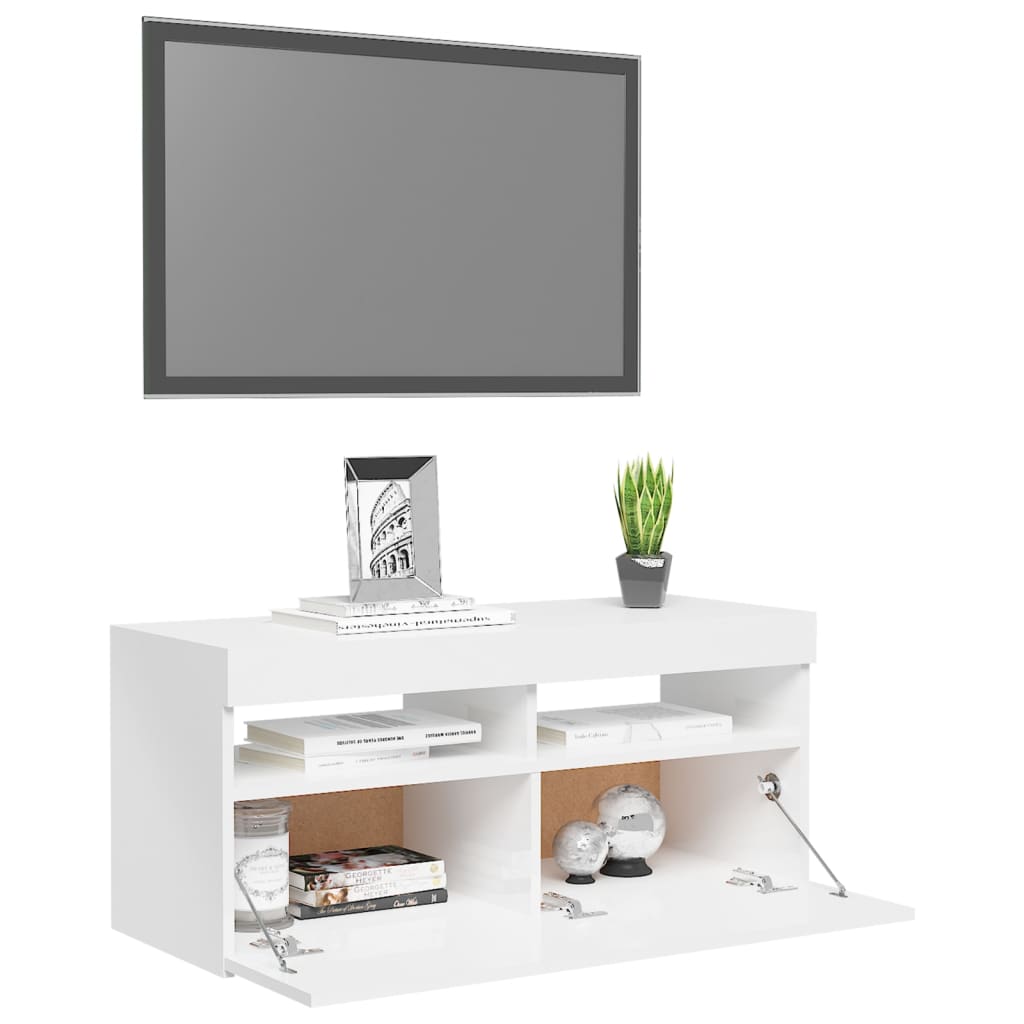 vidaXL tv-skab med LED-lys 90x35x40 cm hvid højglans