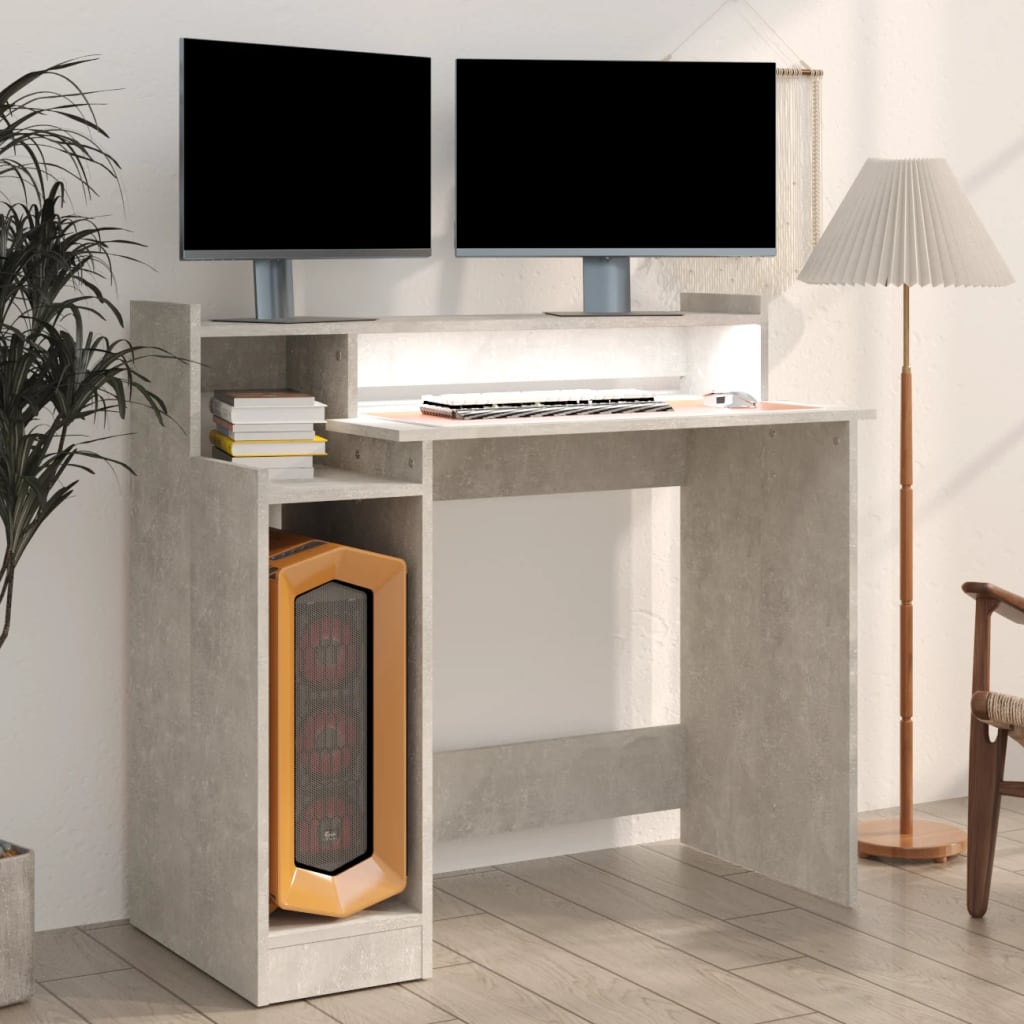 vidaXL skrivebord med LED-lys 97x45x90 cm konstrueret træ betongrå
