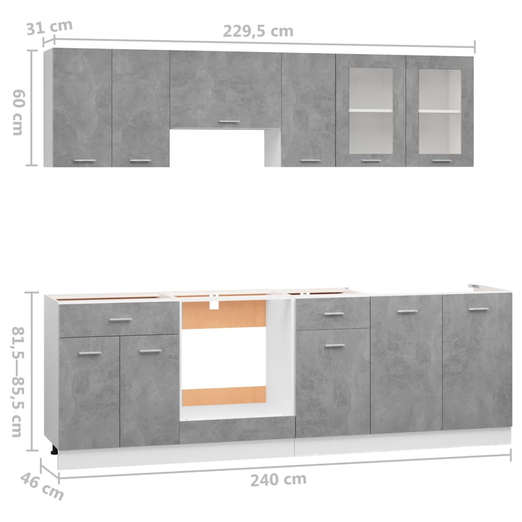vidaXL køkkenskabssæt 8 dele spånplade betongrå
