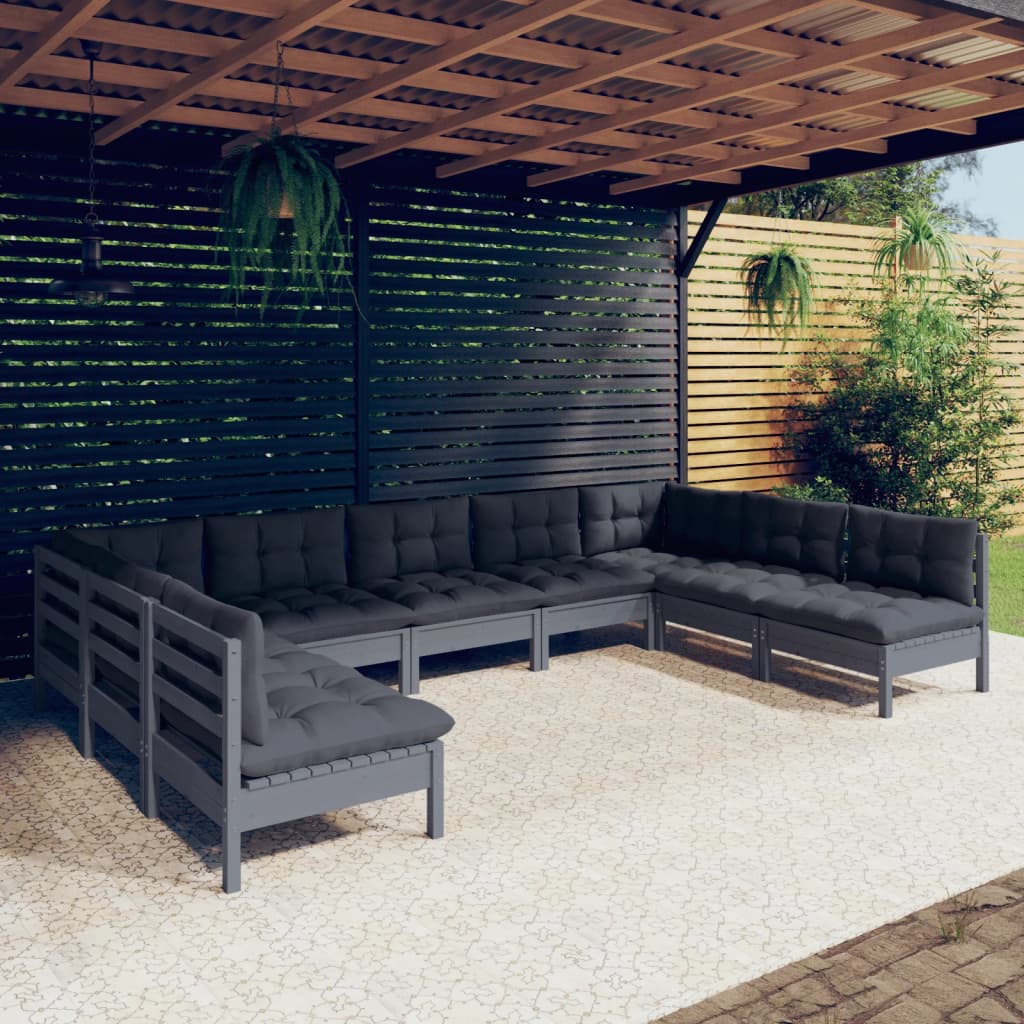 vidaXL loungesæt til haven 9 dele med hynder massivt fyrretræ grå