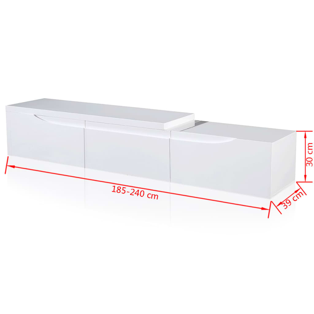 TV-bænk, hvid højglans, udtrækkelig bordplade, 240 cm