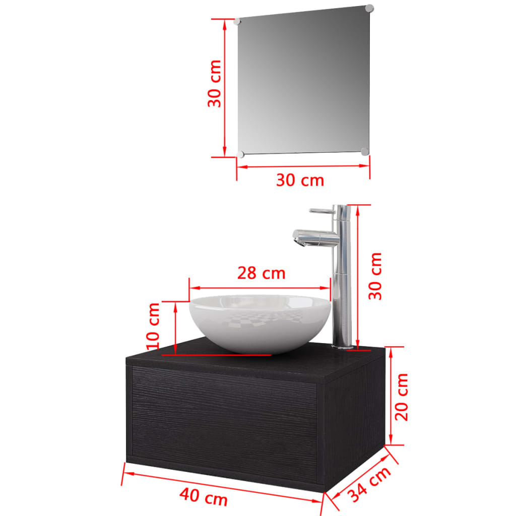 vidaXL sæt med badeværelsesmøbler m/håndvask + vandhane 4 dele sort
