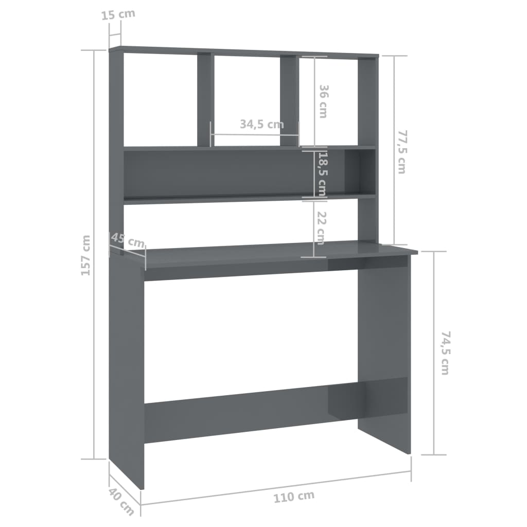 vidaXL skrivebord m. hylder 110x45x157 cm konstrueret træ grå højglans