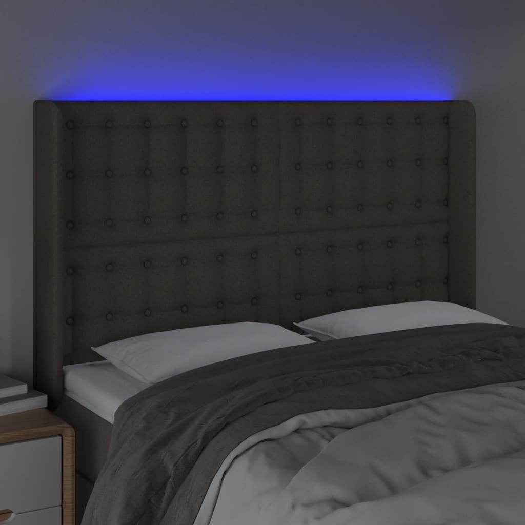 vidaXL sengegavl med LED-lys 147x16x118/128 cm stof gråbrun