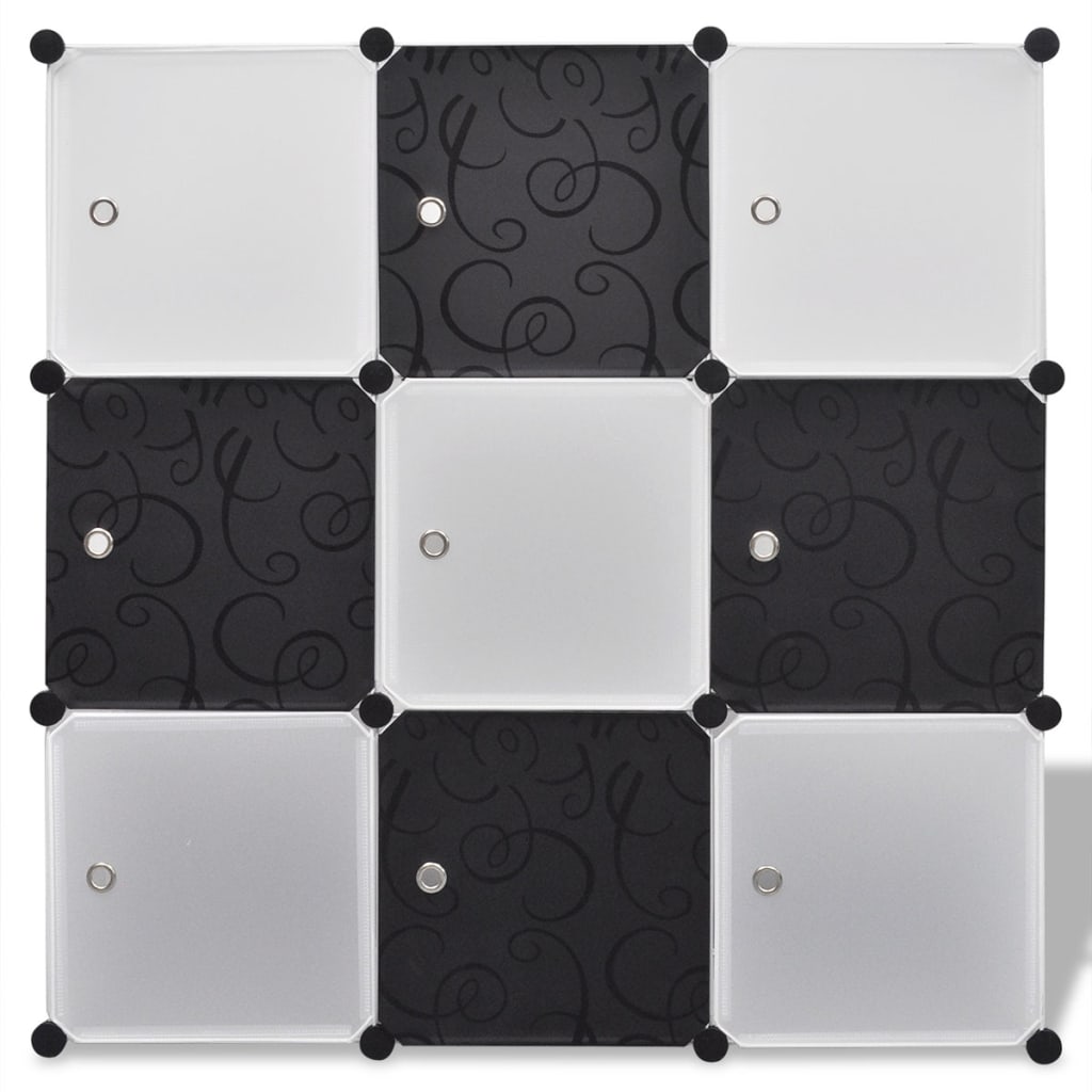Sort/hvid kubeorganiser med 9 rum, 110x37x110 cm