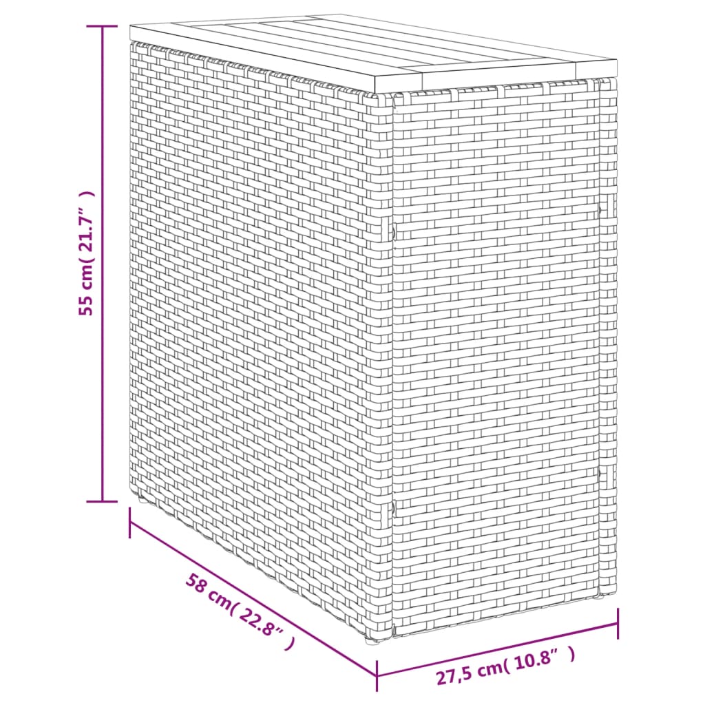 vidaXL havesidebord med trætop 58x27,5x55 cm polyrattan grå