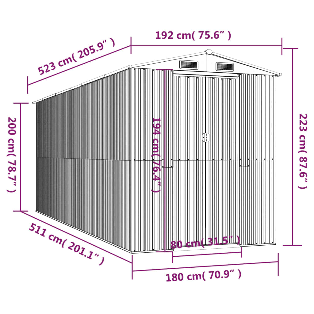vidaXL haveskur 192x523x223 cm galvaniseret stål antracitgrå