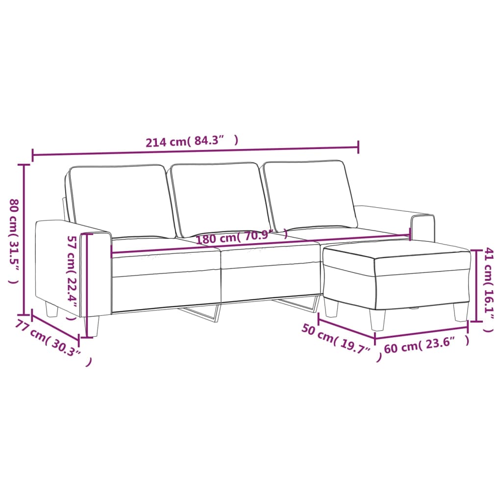 vidaXL 3-personers sofa med fodskammel 180 cm mikrofiberstof lysegrå