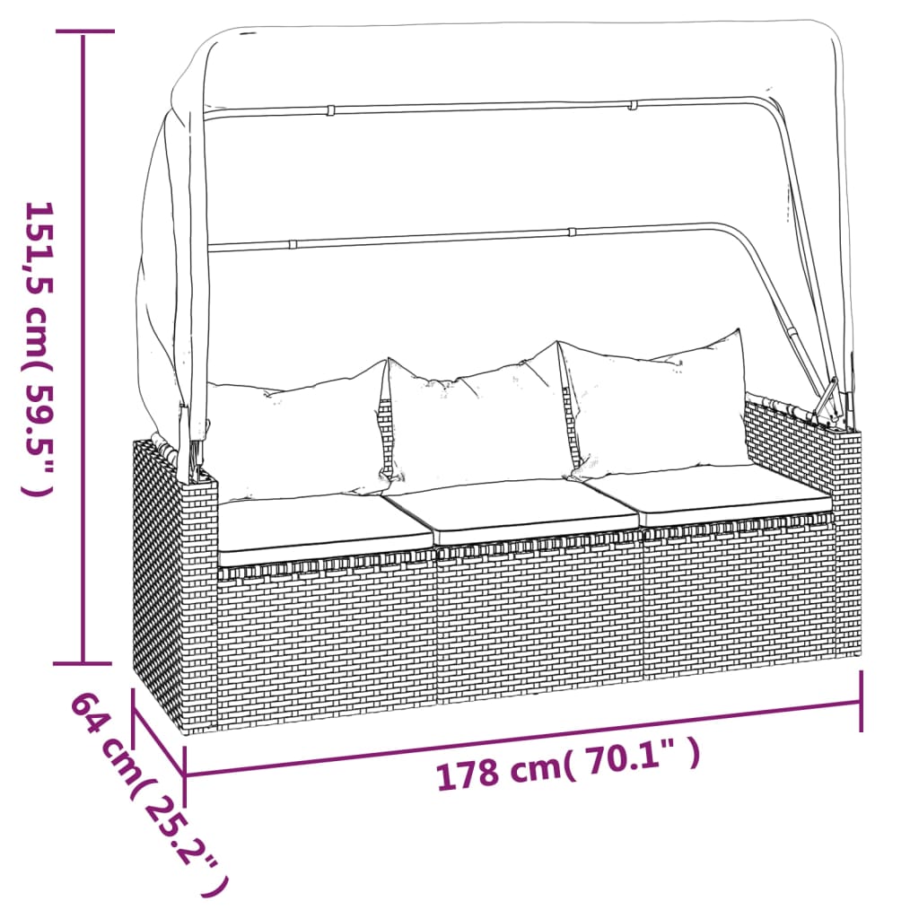 vidaXL 3-personers havesofa med tag og fodskammel polyrattan grå
