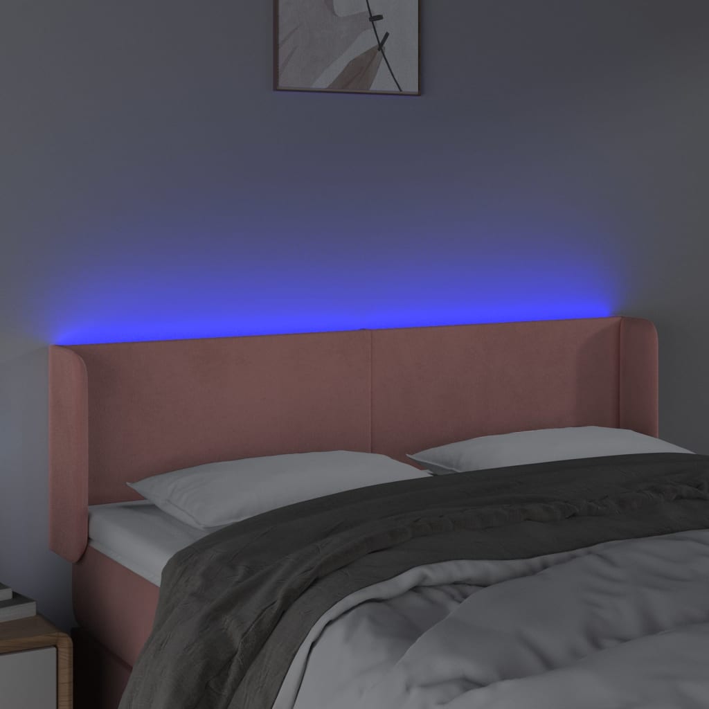 vidaXL sengegavl med LED-lys 147x16x78/88 cm fløjl lyserød