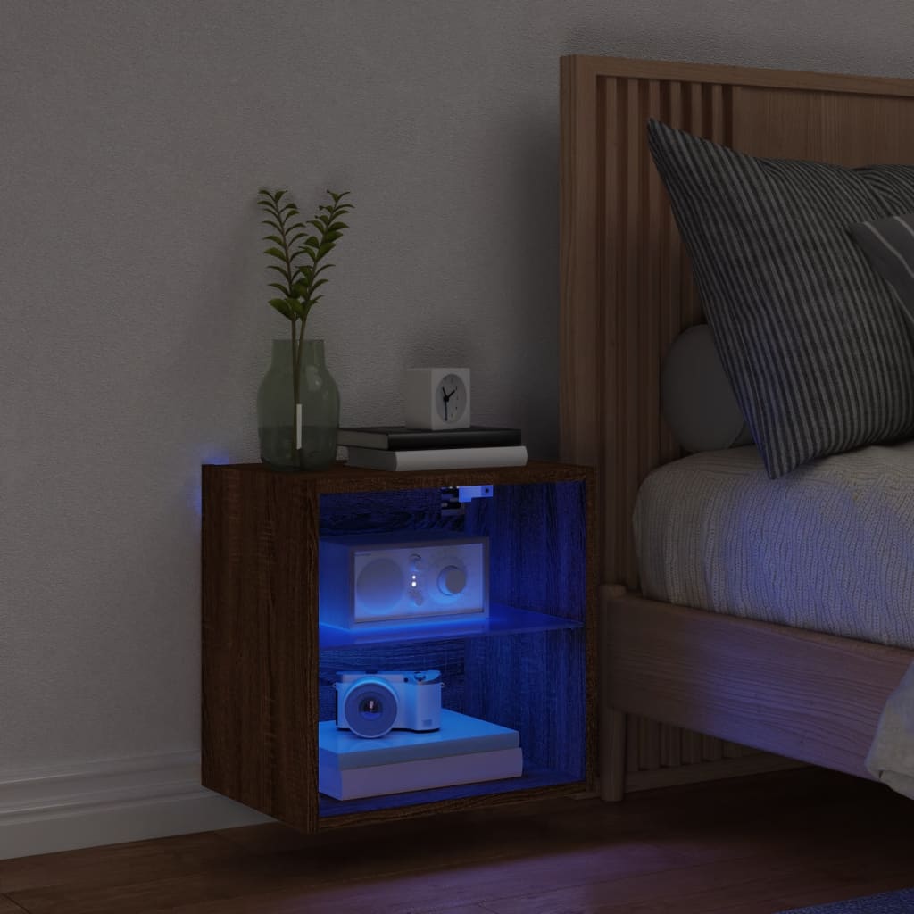 vidaXL sengebord med LED-lys væghængt brun egetræsfarve