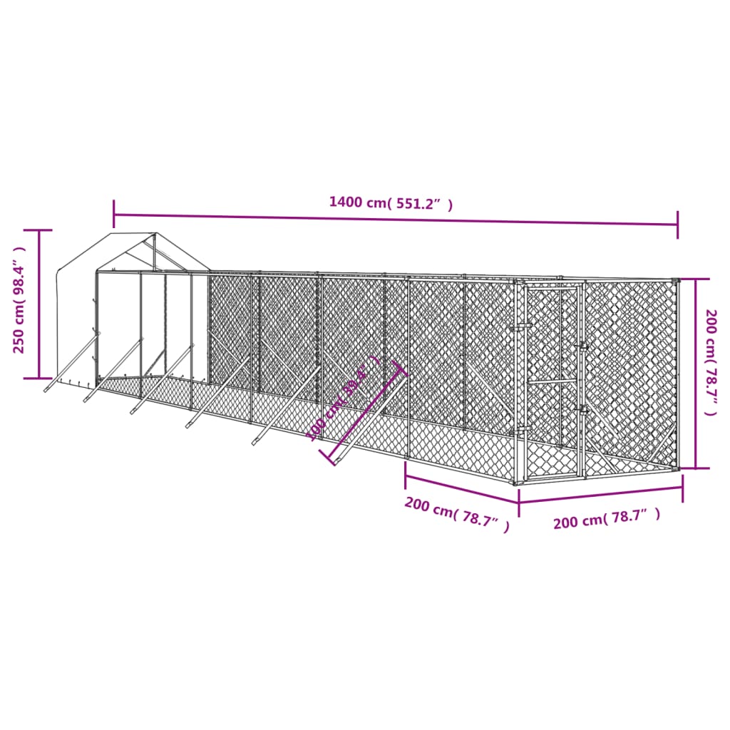 vidaXL udendørs hundegård med tag 2x14x2,5 m galvaniseret stål sølv
