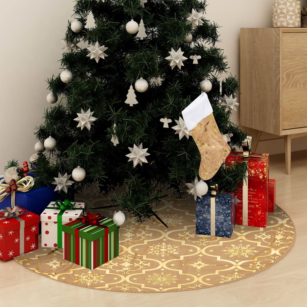 vidaXL luksuriøs skjuler til juletræsfod med julesok 122 cm stof gul