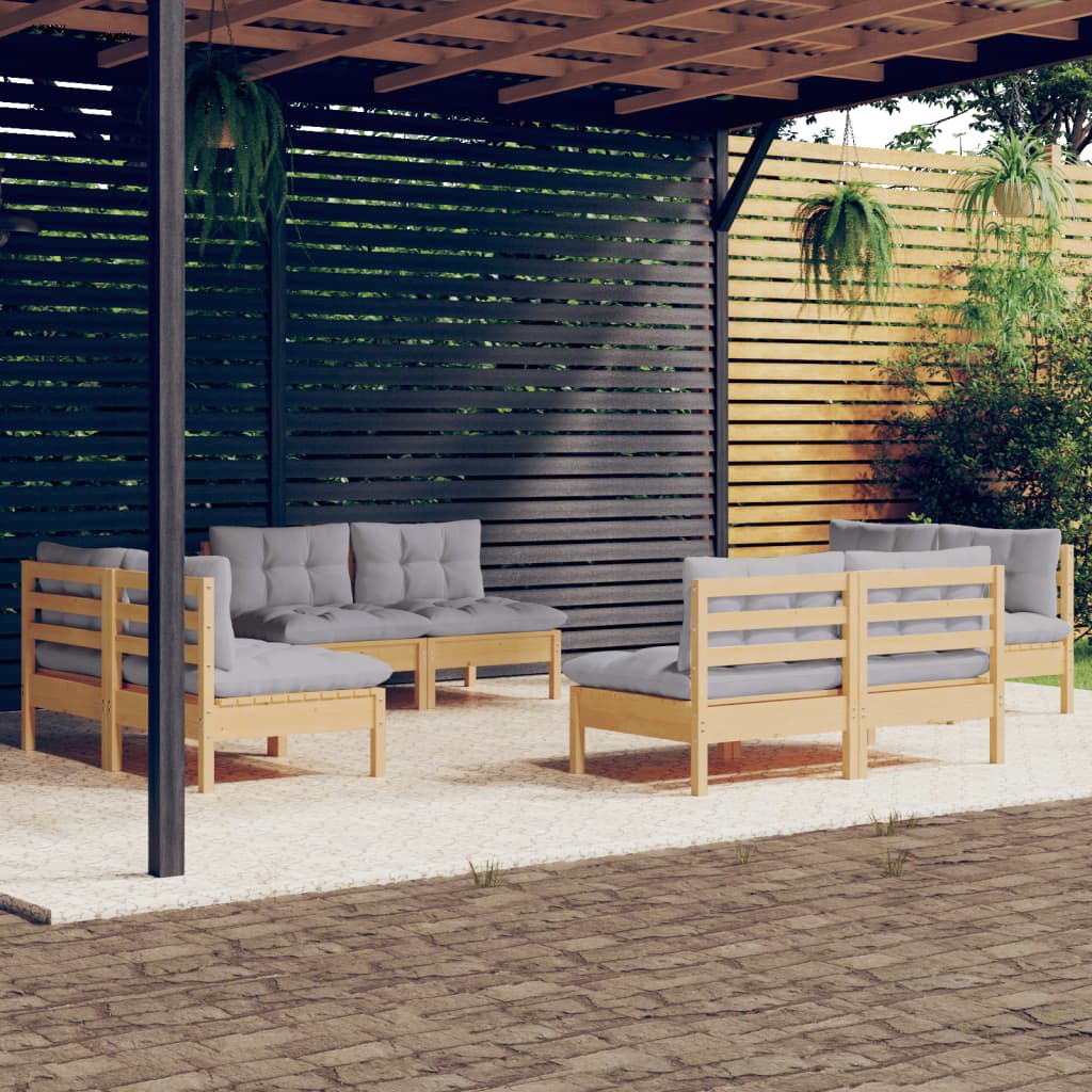 vidaXL loungesæt til haven 8 dele med grå hynder fyrretræ