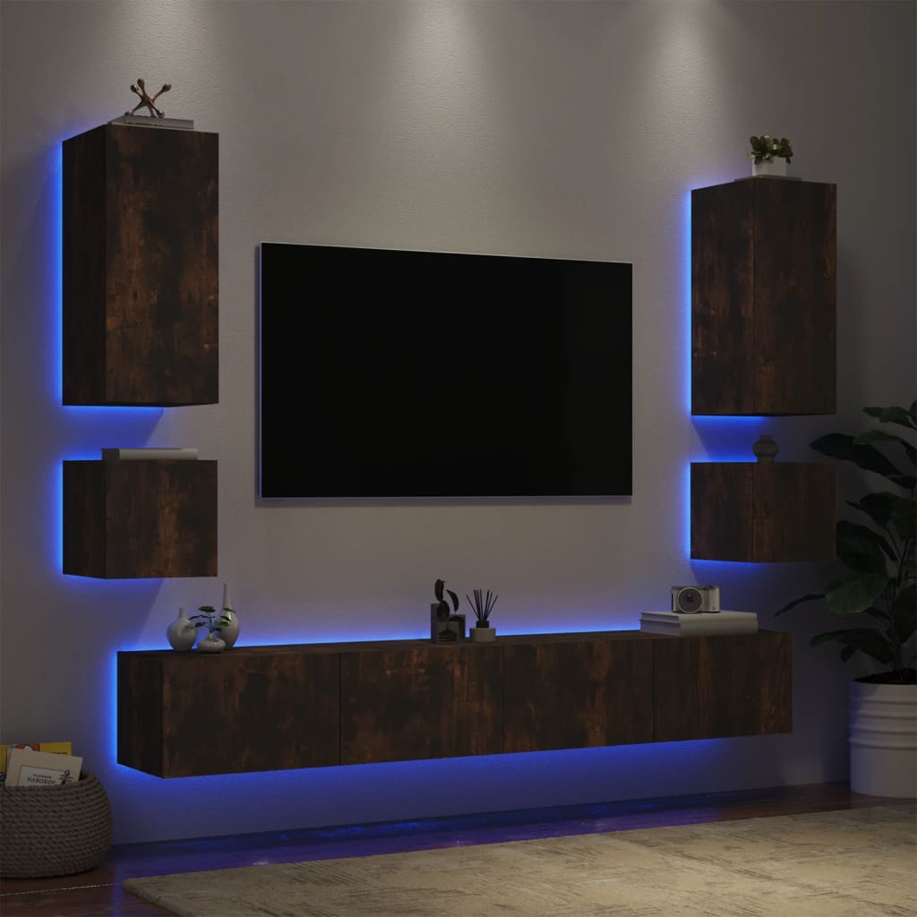 vidaXL tv-møbel til væg 6 dele med LED-lys røget egetræsfarve