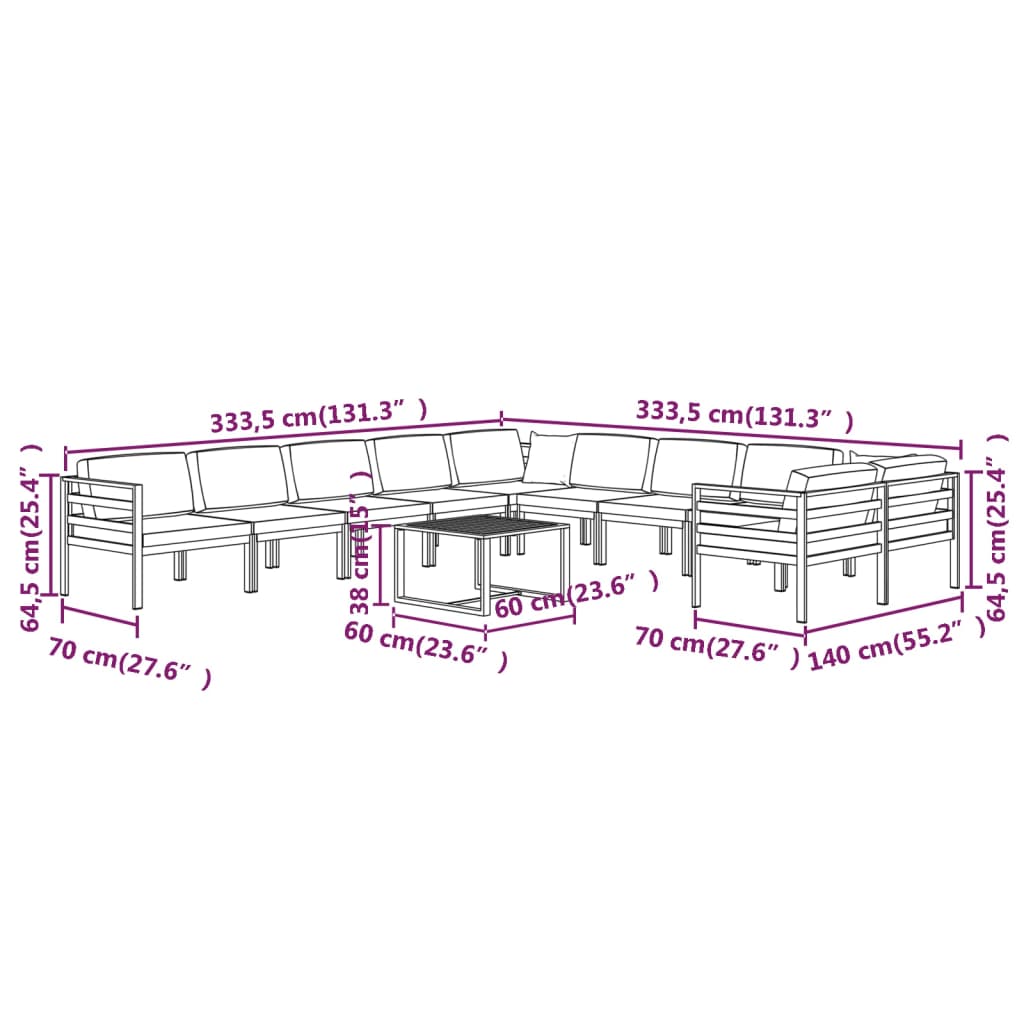 vidaXL loungesæt til haven 11 dele med hynder aluminium antracitgrå