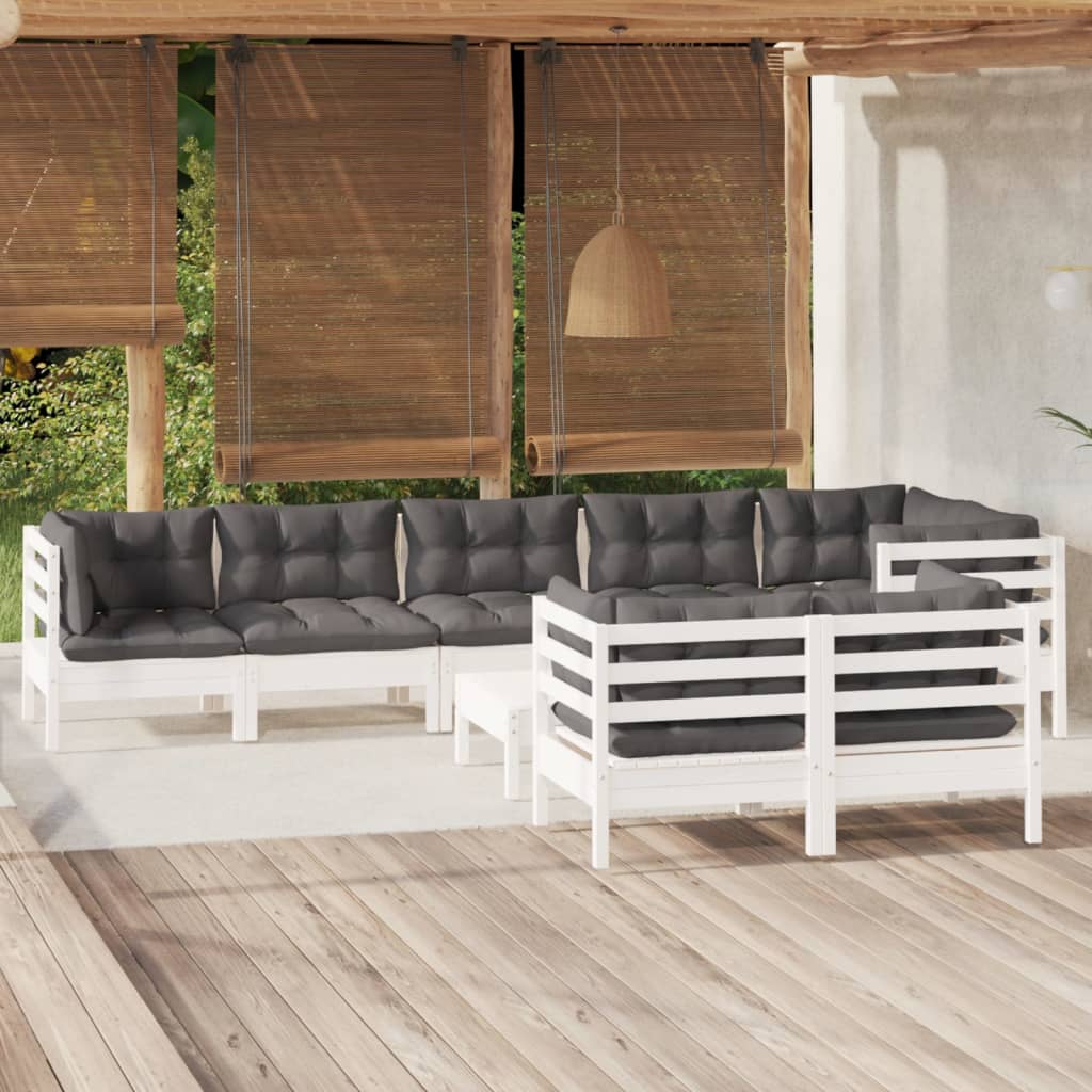 vidaXL loungesæt til haven 9 dele med hynder massivt fyrretræ hvid