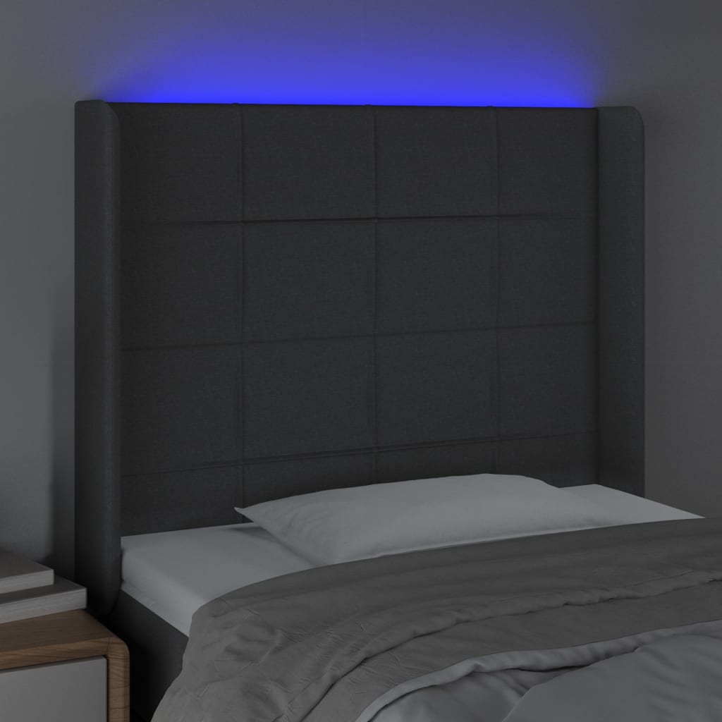 vidaXL sengegavl med LED-lys 103x16x118/128 cm stof mørkegrå