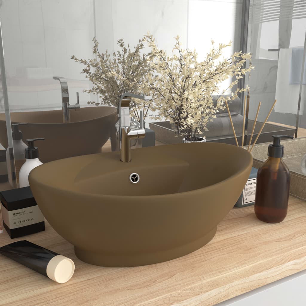 vidaXL luksuriøs håndvask overløb 58,5x39 cm keramik oval mat creme