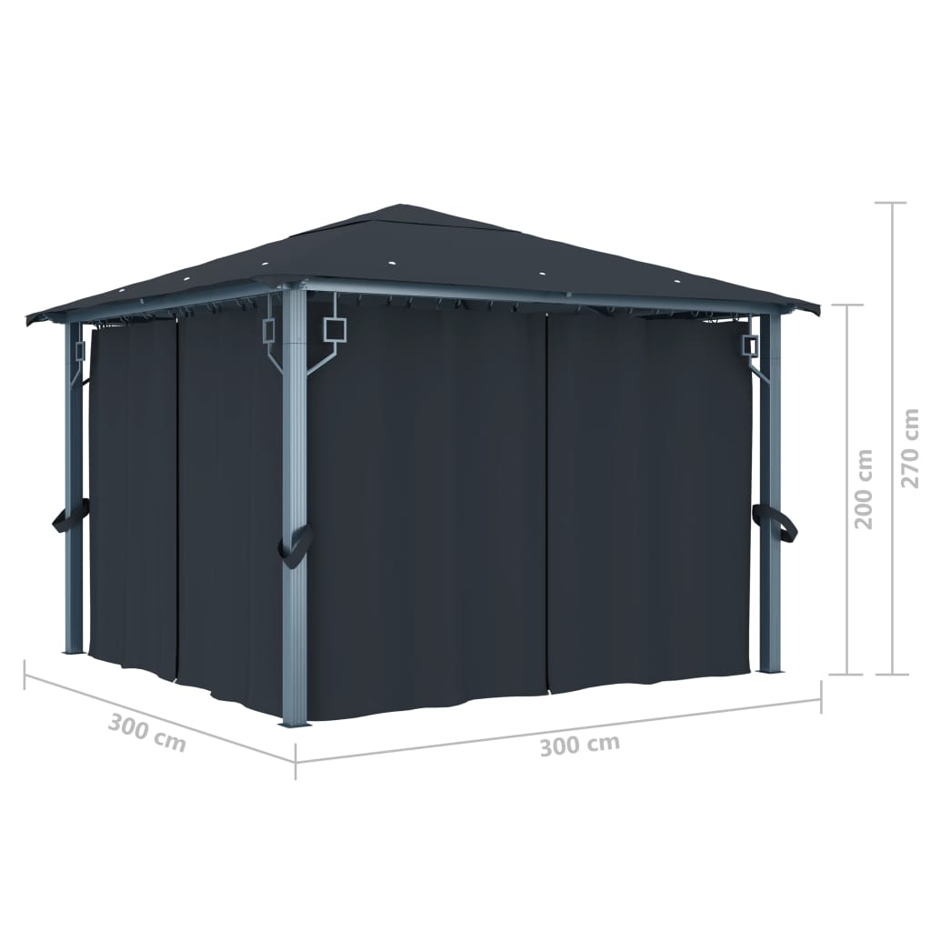 vidaXL pavillon med gardin + LED-lyskæder 300x300 cm aluminium grå