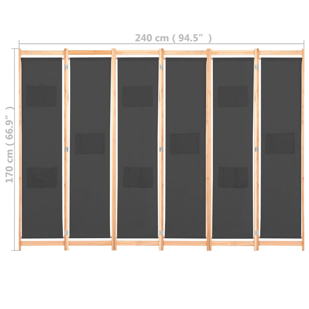 vidaXL 6-panelers rumdeler 240 x 170 x 4 cm stof grå