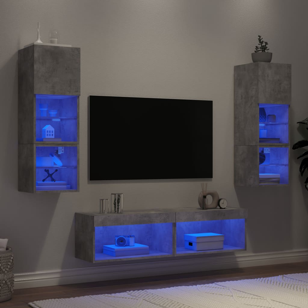 vidaXL tv-møbel til væg 6 dele med LED-lys konstrueret træ betongrå