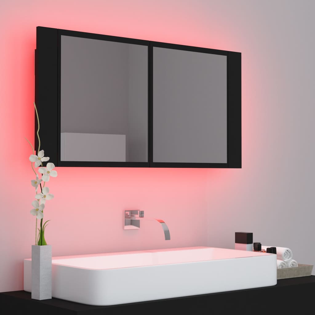 vidaXL badeværelsesskab m. spejl og LED-lys 90x12x45 cm akryl sort