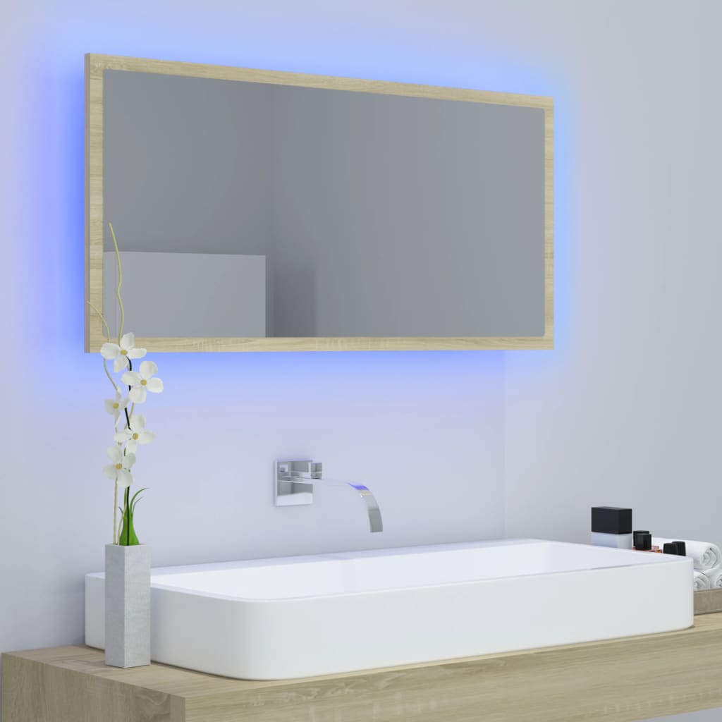 vidaXL badeværelsesspejl med LED-lys 90x8,5x37 cm akryl sonoma-eg