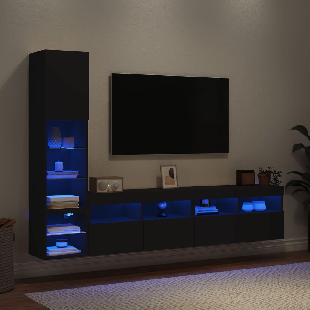 vidaXL tv-møbel til væg 4 dele med LED-lys konstrueret træ sort