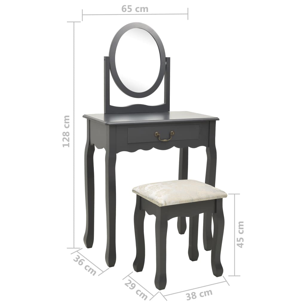 vidaXL kosmetikbord med taburet 65x36x128 cm kejsertræ MDF grå