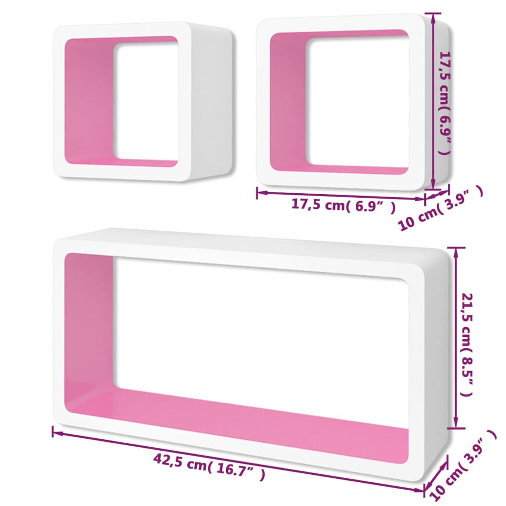vidaXL væghylder 3 stk. kubeformet MDF hvid og lyserød