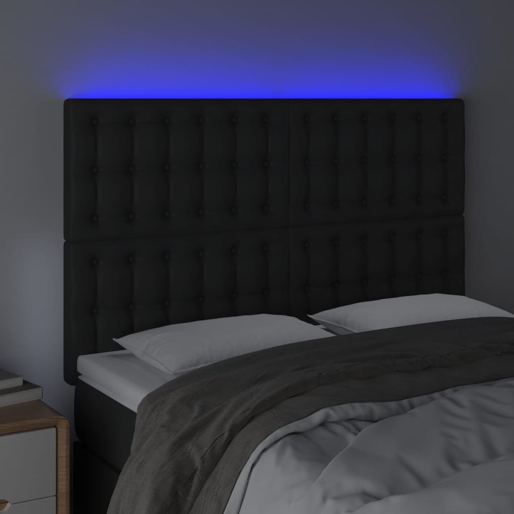 vidaXL sengegavl med LED-lys 144x5x118/128 cm kunstlæder sort