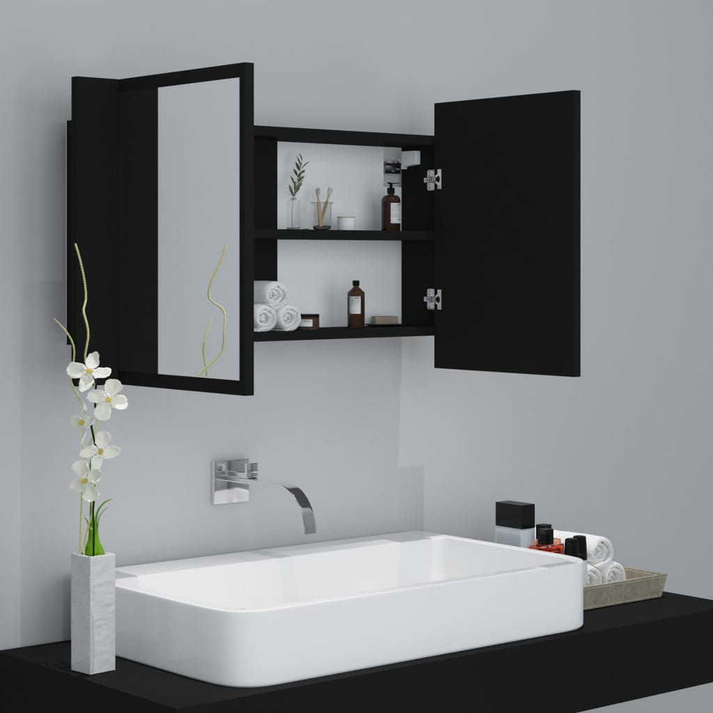 vidaXL badeværelsesskab m. spejl og LED-lys 80x12x45 cm akryl sort